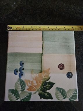 Italian Tile Green and Cream Ceramic Serving Tile with Leaf Motif
